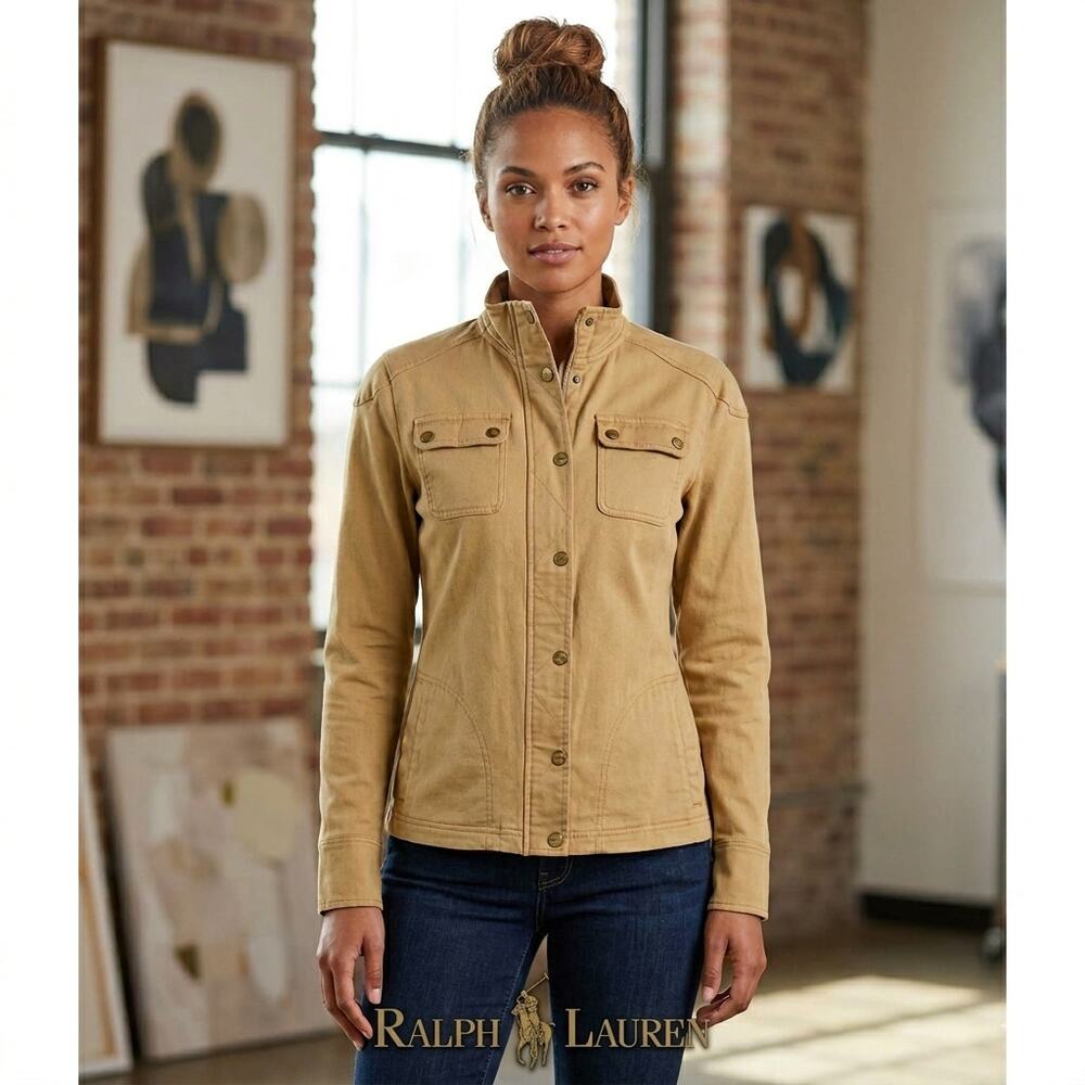 Ralph Lauren Khaki Gold Cotton Safari Jacket Coat Brass Snaps Zip 4 Pockets XL - Picture 10 of 10